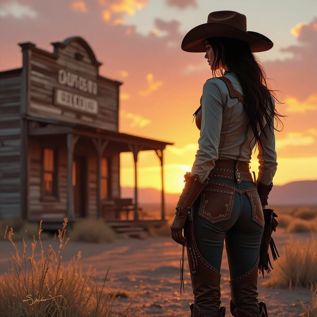 Cowgirl Silhouette at Sunset in Western Style
