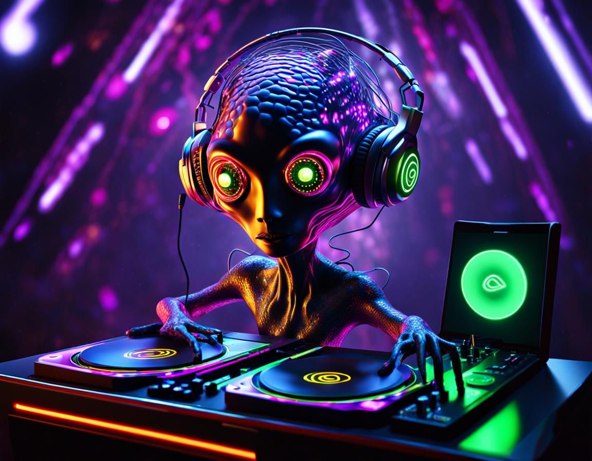 Alien DJ at Psychedelic Forest Rave in CGI