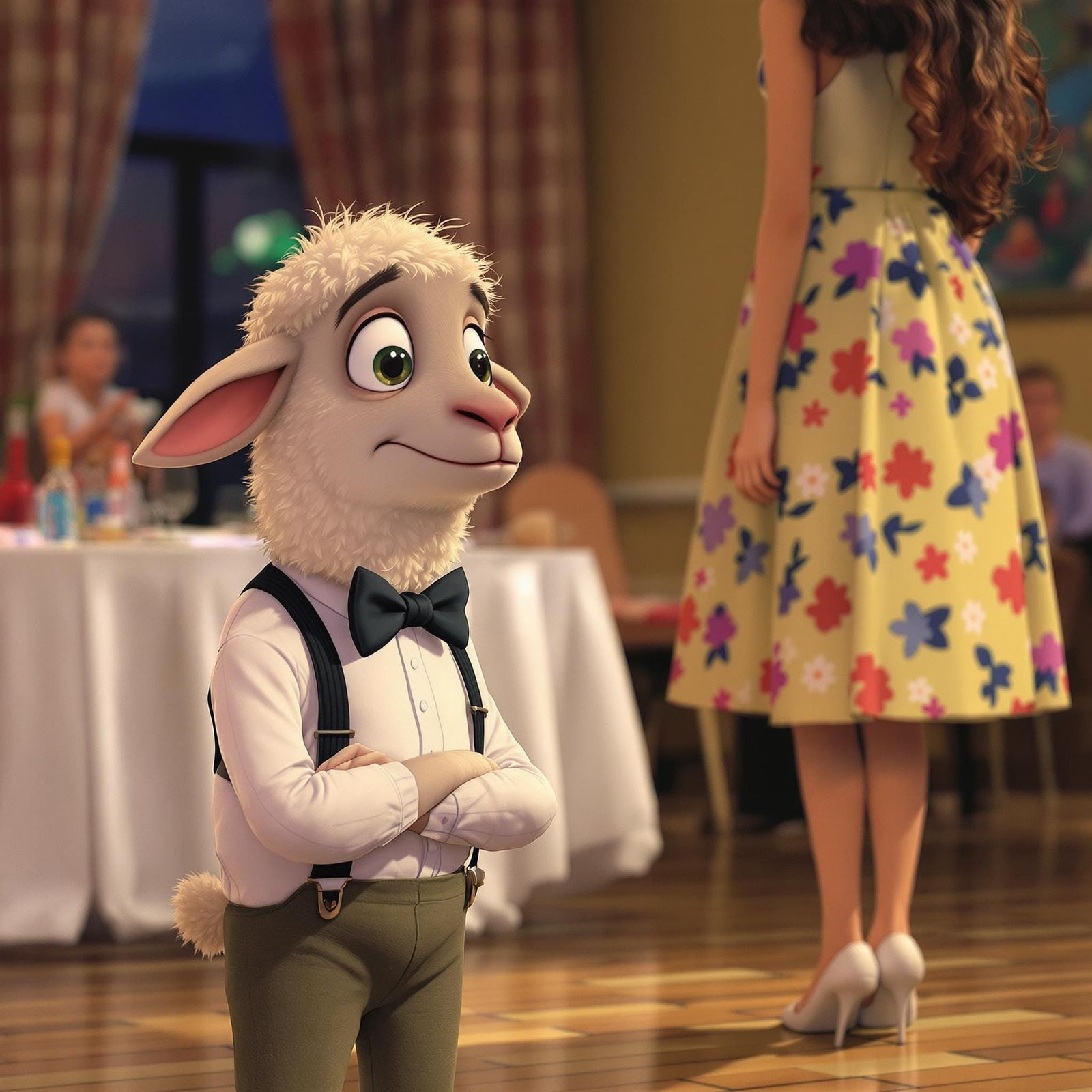 Lamb at School Dance in Pixar Cartoon Style