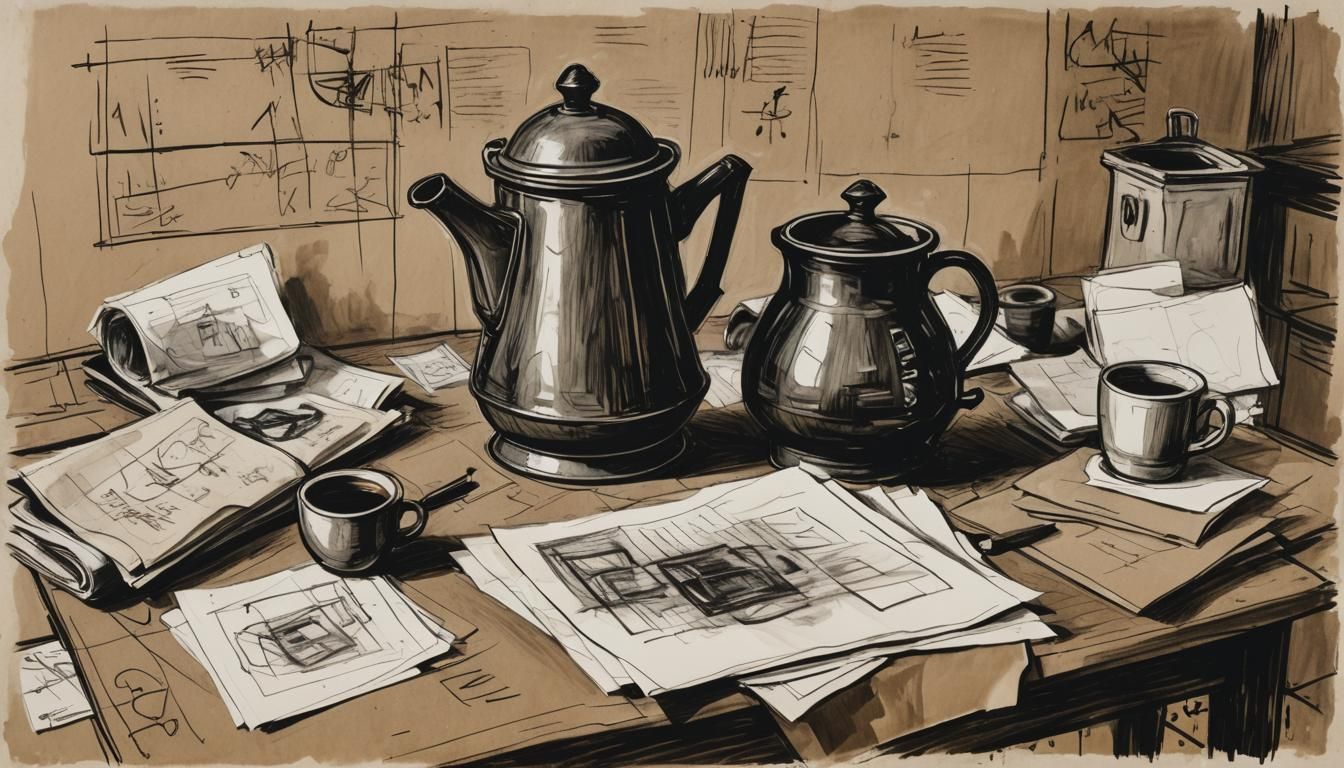 Expressionist Coffee Pot Charcoal Drawing, Art Brut Style