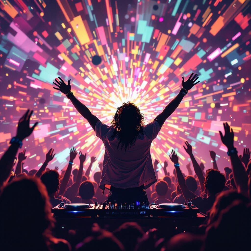 Energetic DJ Dancing in a Kaleidoscopic Crowd