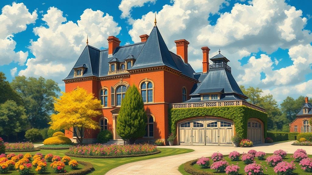 Elegant Chateau with Vibrant Garden in Painterly Style