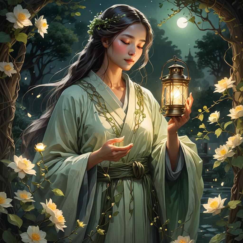 Gentle Figure with Lantern in Moonlit Garden