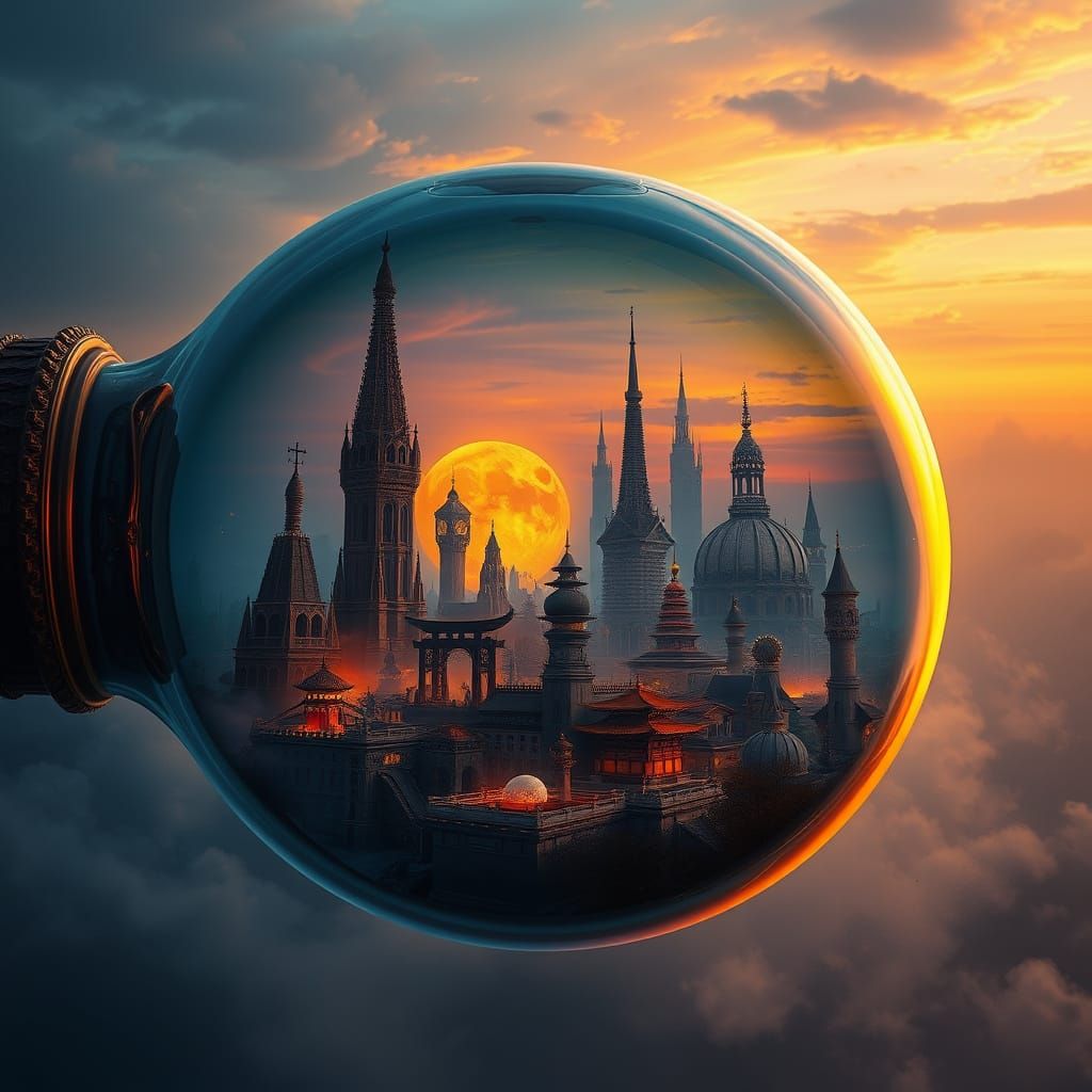 Mystical Cityscape in Golden Twilight Bottle