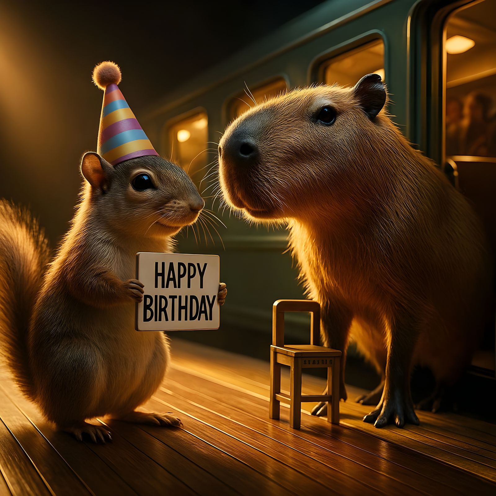 Hyperrealistic Squirrel Congratulates Capybara on Arrival