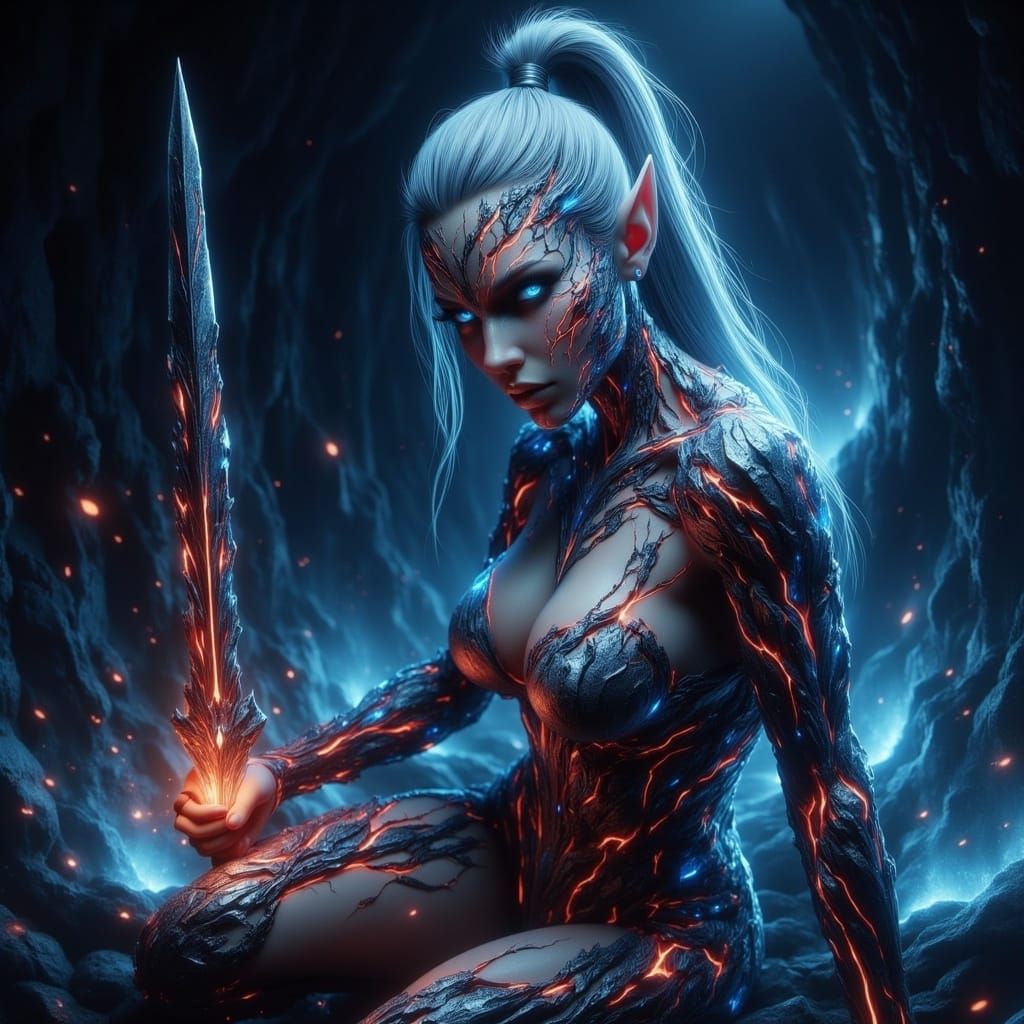 Elf Warrior in Shadowy Cavern with Energy Sword