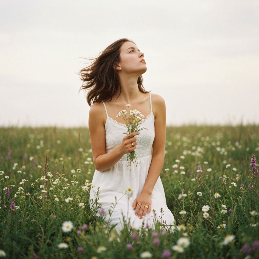 Surreal Woman with Crows in Dreamlike Landscape