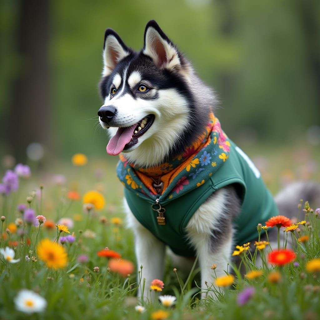 Husky Plays in Floral Meadow: Surreal Art Style