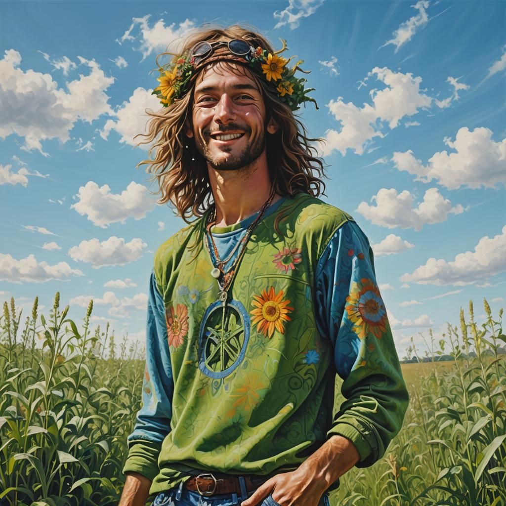 Happy Hippy in Sunny Field: Photorealistic Image