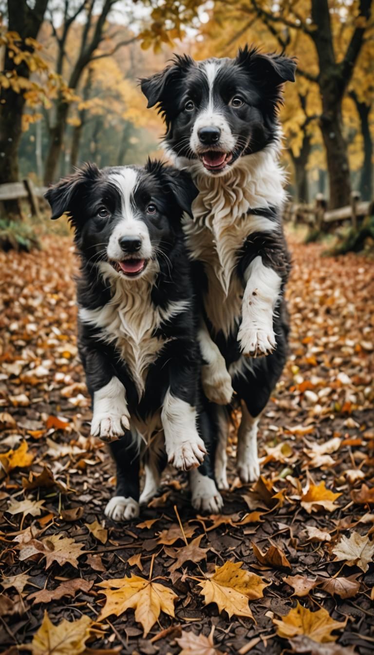 Border Collie Puppies Playing in Autumn Scene