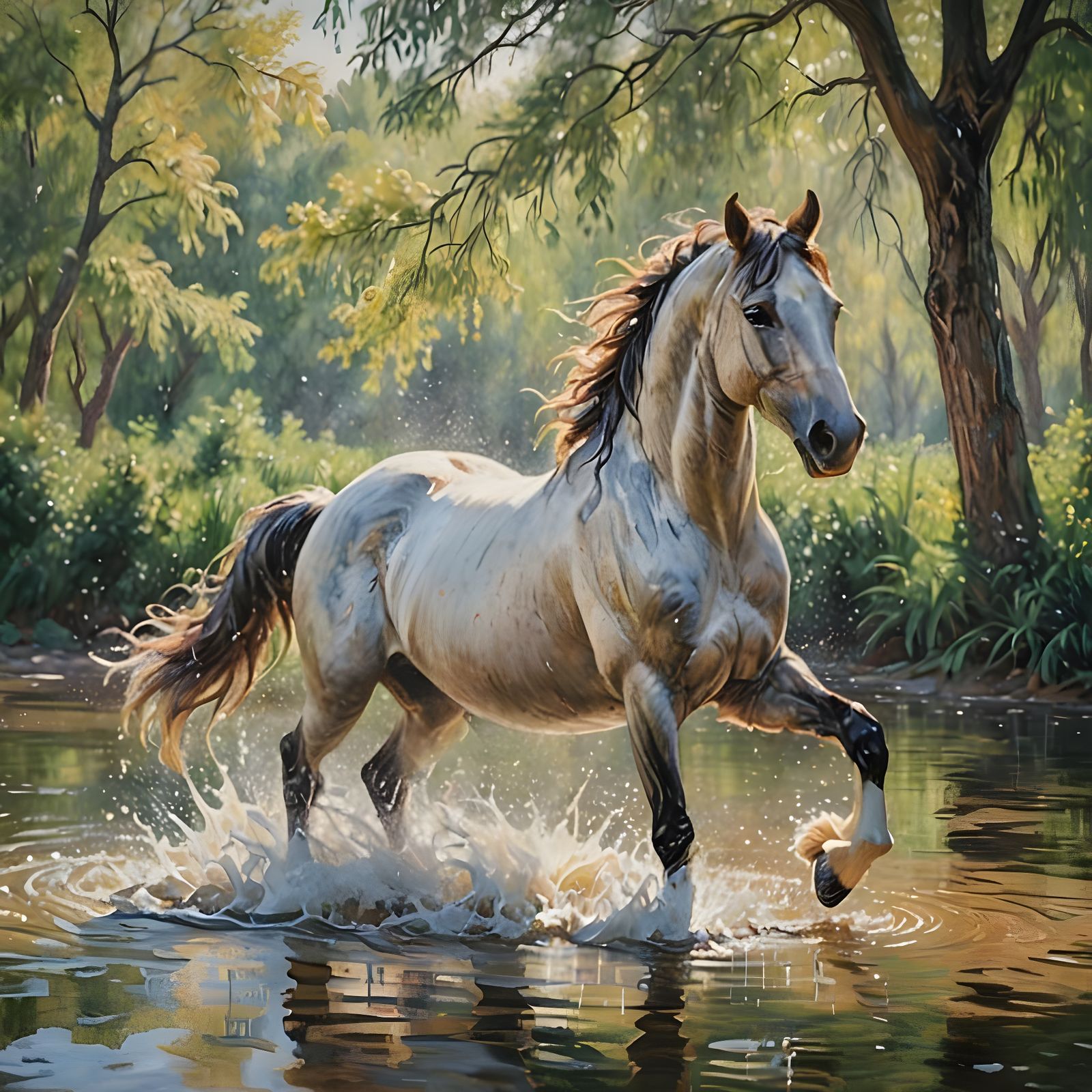 Skewbald horse splashing in water