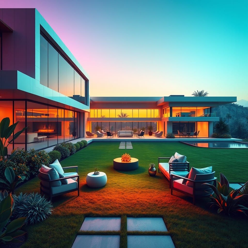 Futuristic Mansion with Alien Landscaping and Patio Furnitur...