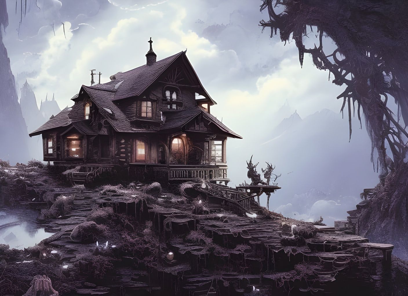 Surreal Cabin in Dark Forest, Lovecraftian Digital Art