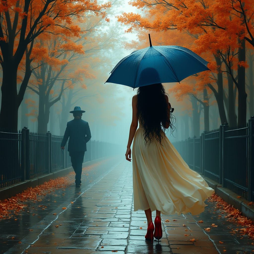 Woman Walks in Vibrant Autumn Rain Scene