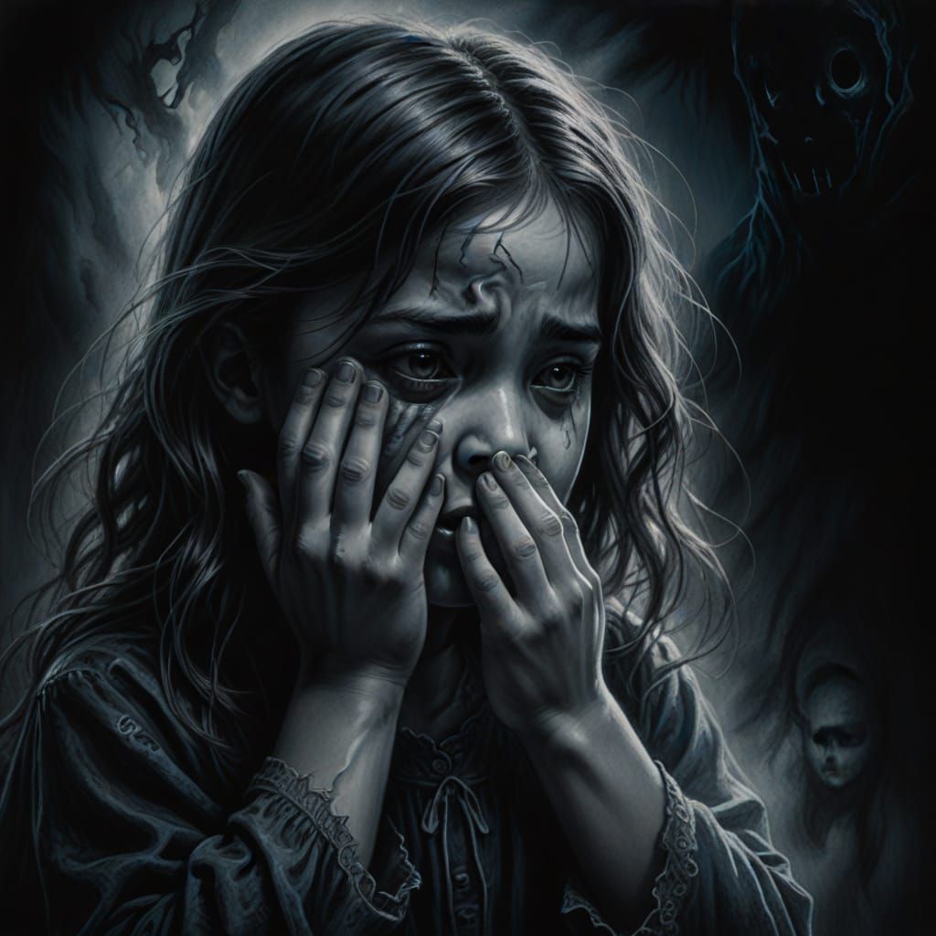 Dark Spirit Comforts Crying Girl: Charcoal Drawing