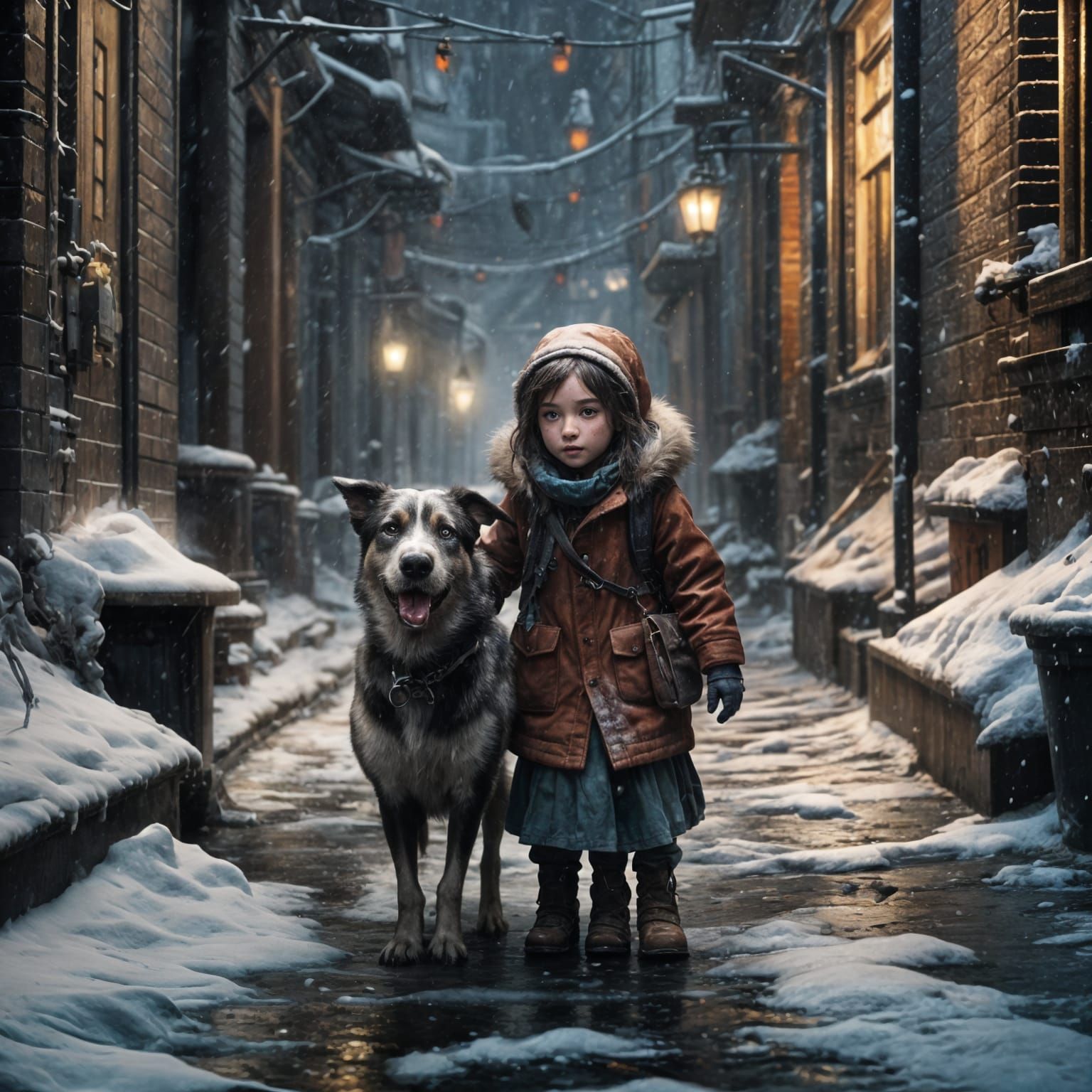 Girl and Dog in Blizzard, Oil Painting Style