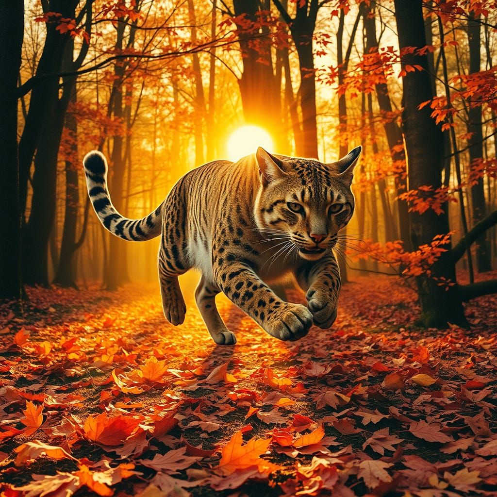 Saber-Toothed Cat Leaping in Autumn Forest at Sunset