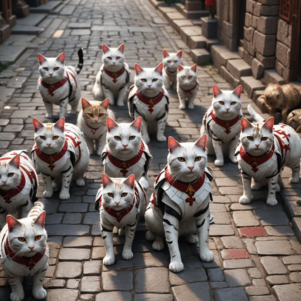 Cats in White Armor on Cobblestone Street