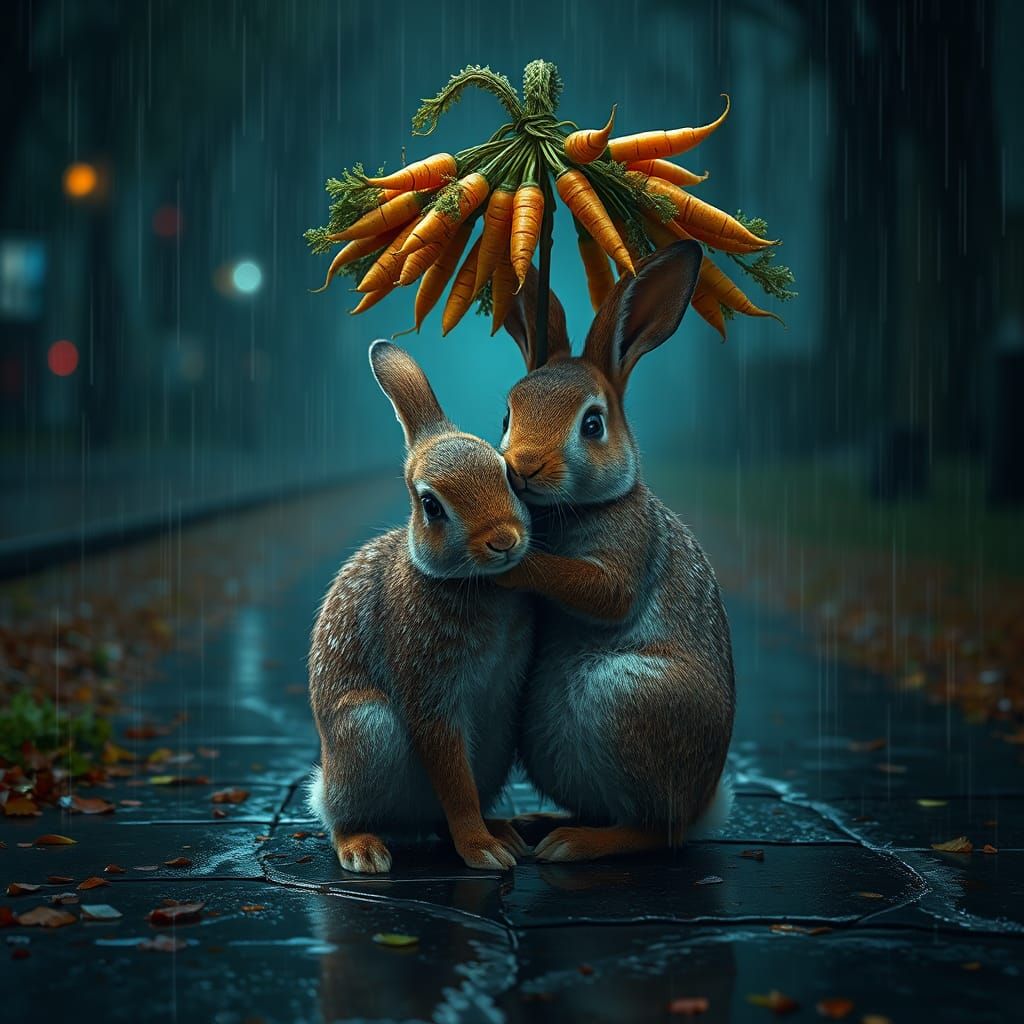 Rabbit Shelters Deer from Rain with Carrot Umbrella