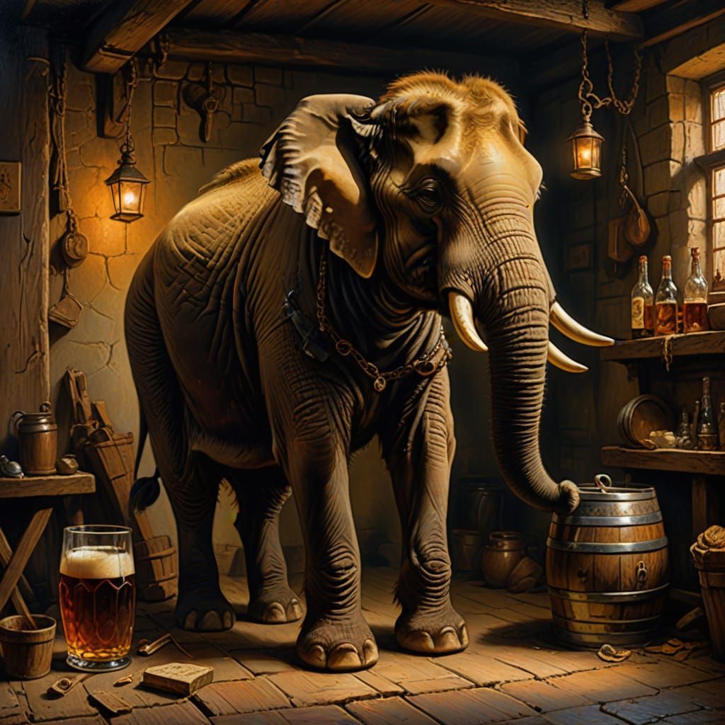 Realistic Oil Painting of a Drunk Elephant in a Rustic Taver...