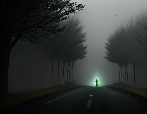Eerie Night Road: Alien Figures in Fog