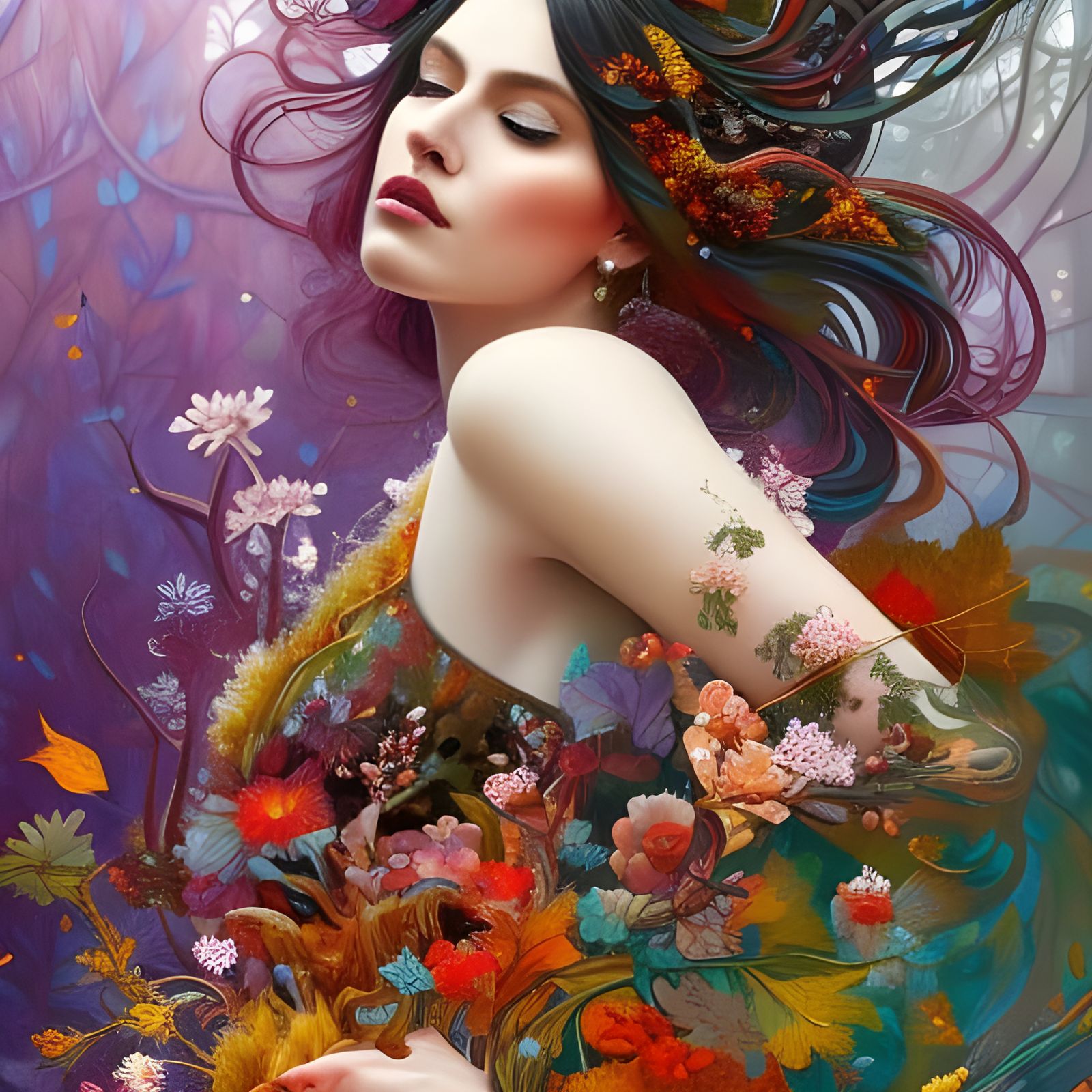 a beautiful gracious woman with leaves surrounding.
