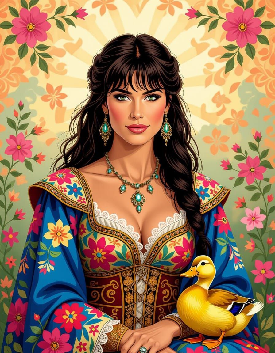 Xena Warrior Princess in Patchwork Style with Floral Accents