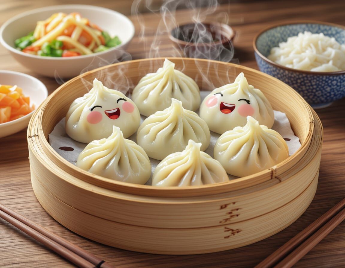 Happy Dumplings in Basket, Watercolour Style