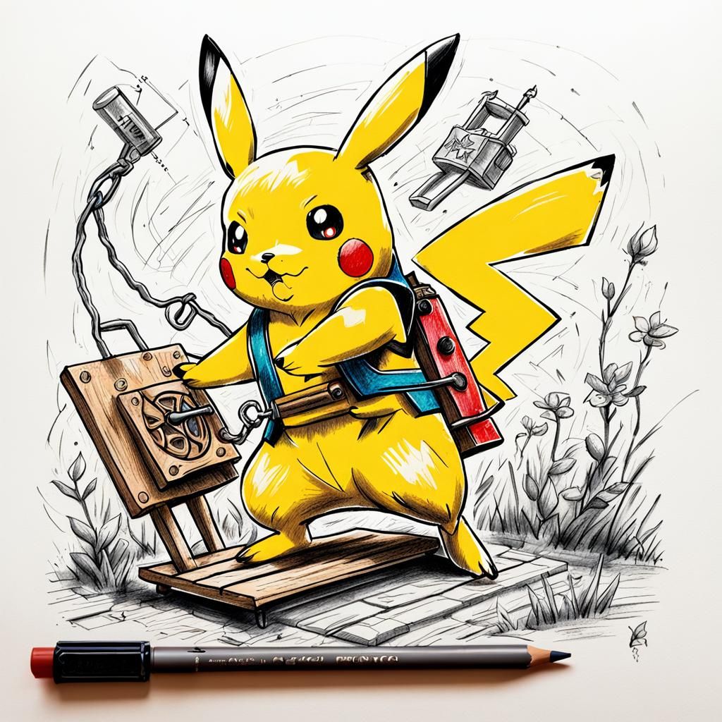 Pikachu Magical Girl Rescues Giant: Crayon Drawing