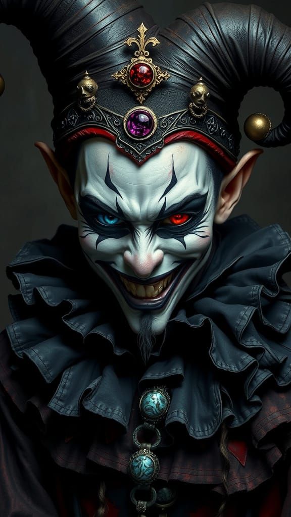 Mystical Court Jester in Dark, Whimsical Style
