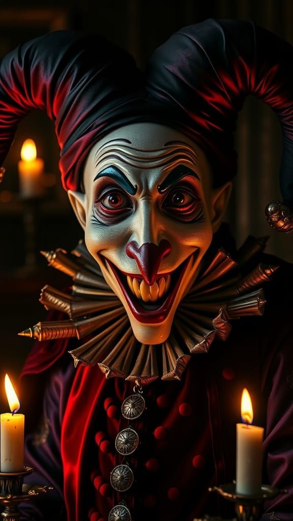 Gothic Court Jester with Mystical Eyes in a Dark, High-Contr...