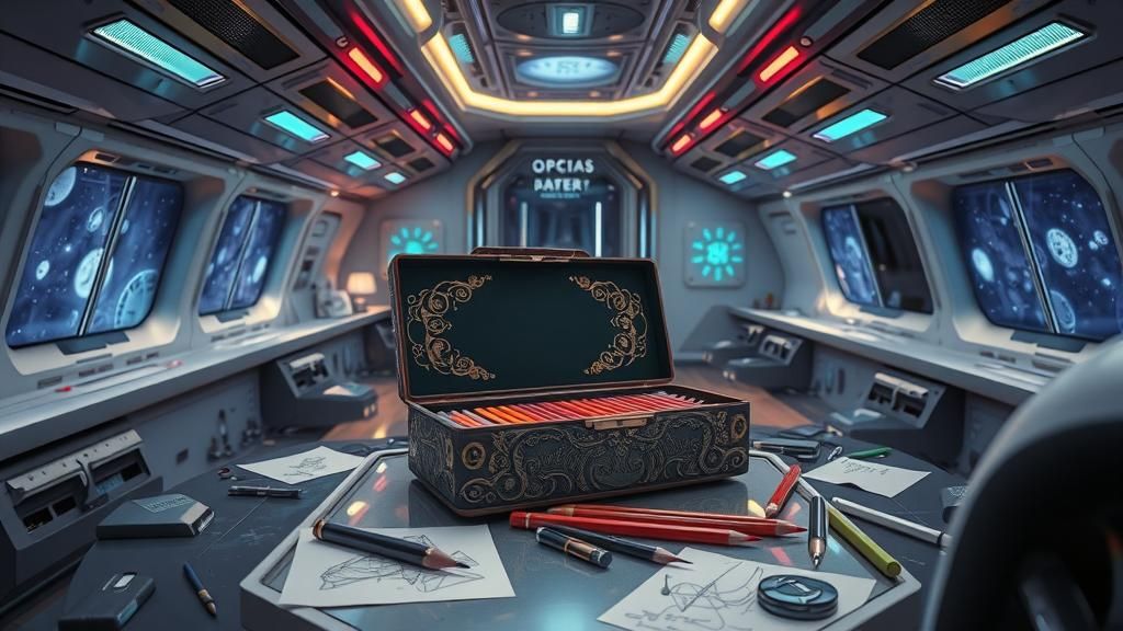 Luxury Pencils in Spaceship Interior, Cinematic Still