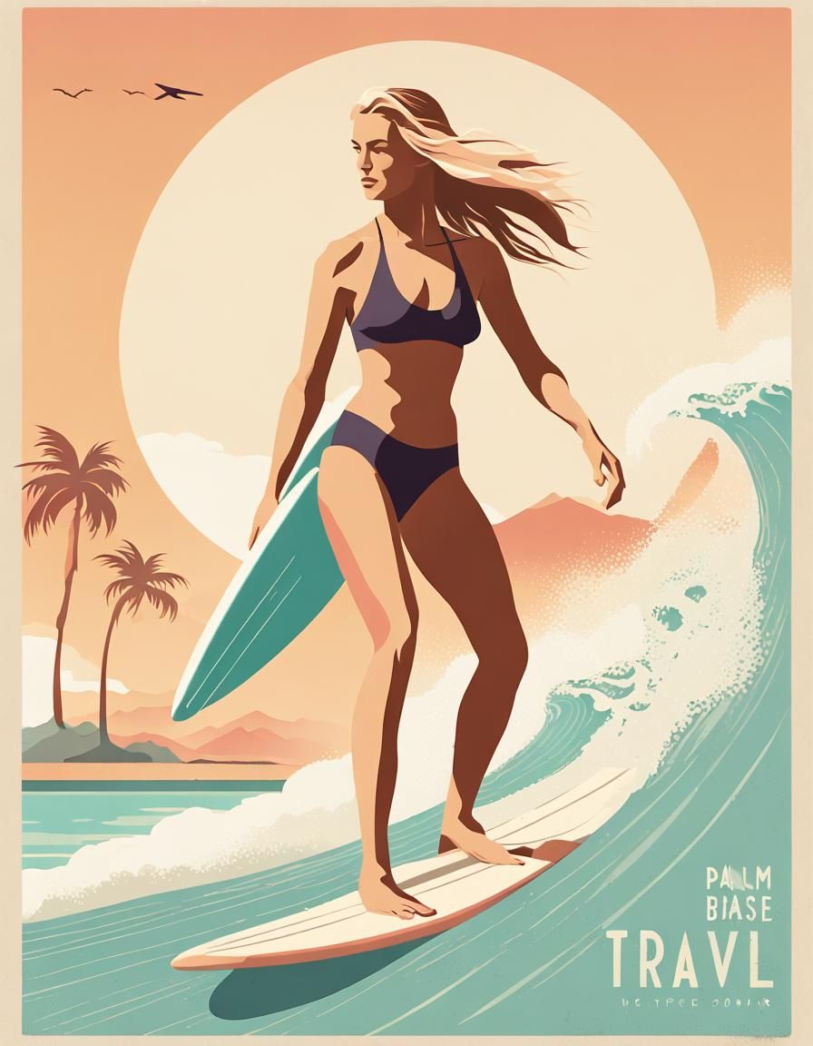 Flat-Style Travel Poster of Female Surfer on Tropical Beach