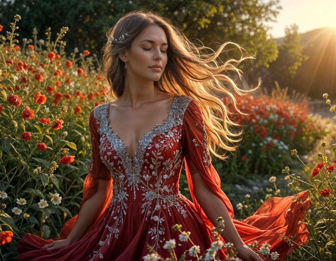 Golden Hour Floral Goddess in Cherry-Red Regalia