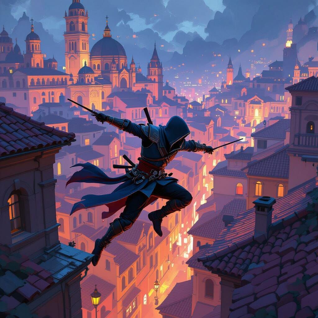 Assassin's Leap: Renaissance Action in Digital Art Style