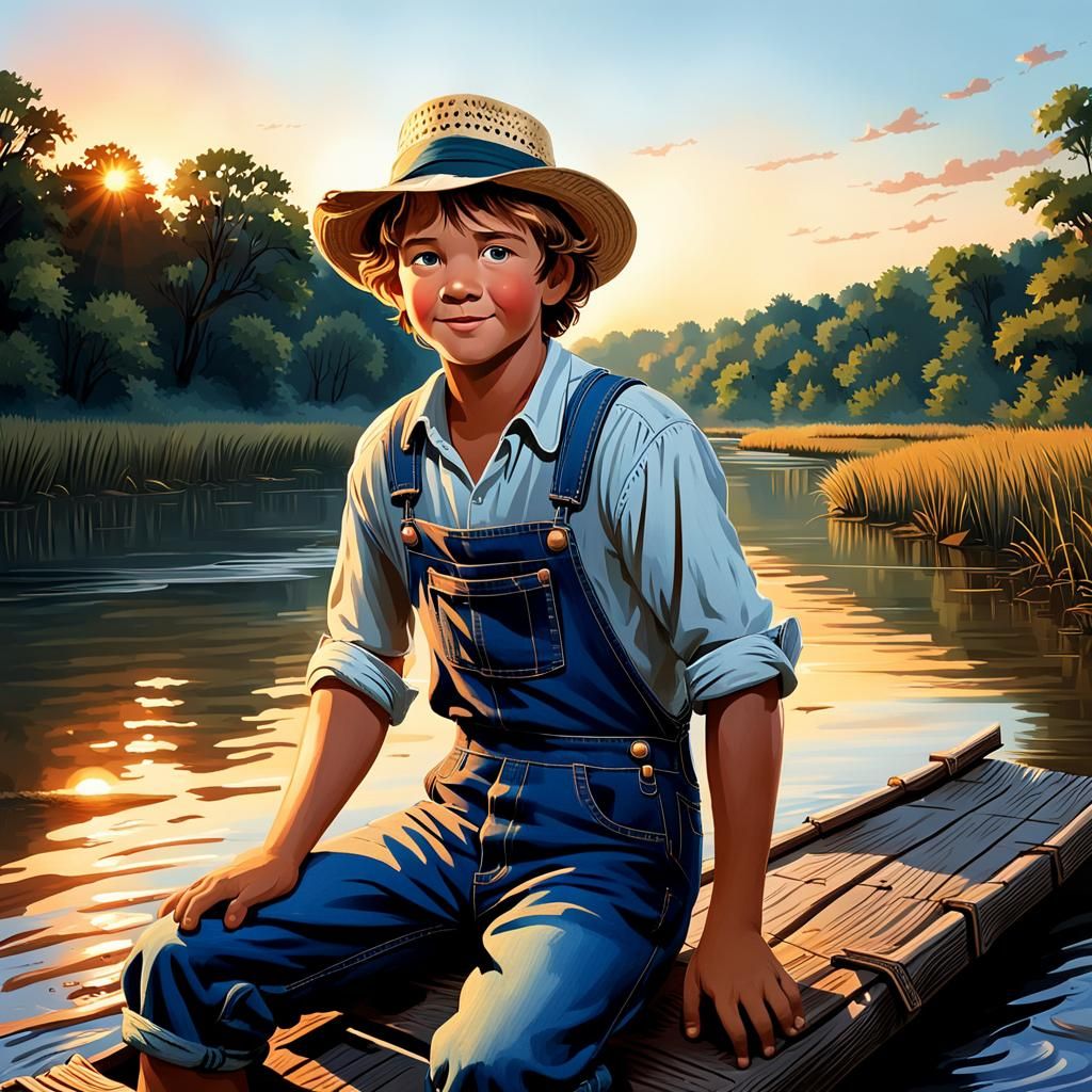 Huckleberry Finn Rafting at Sunset Illustration
