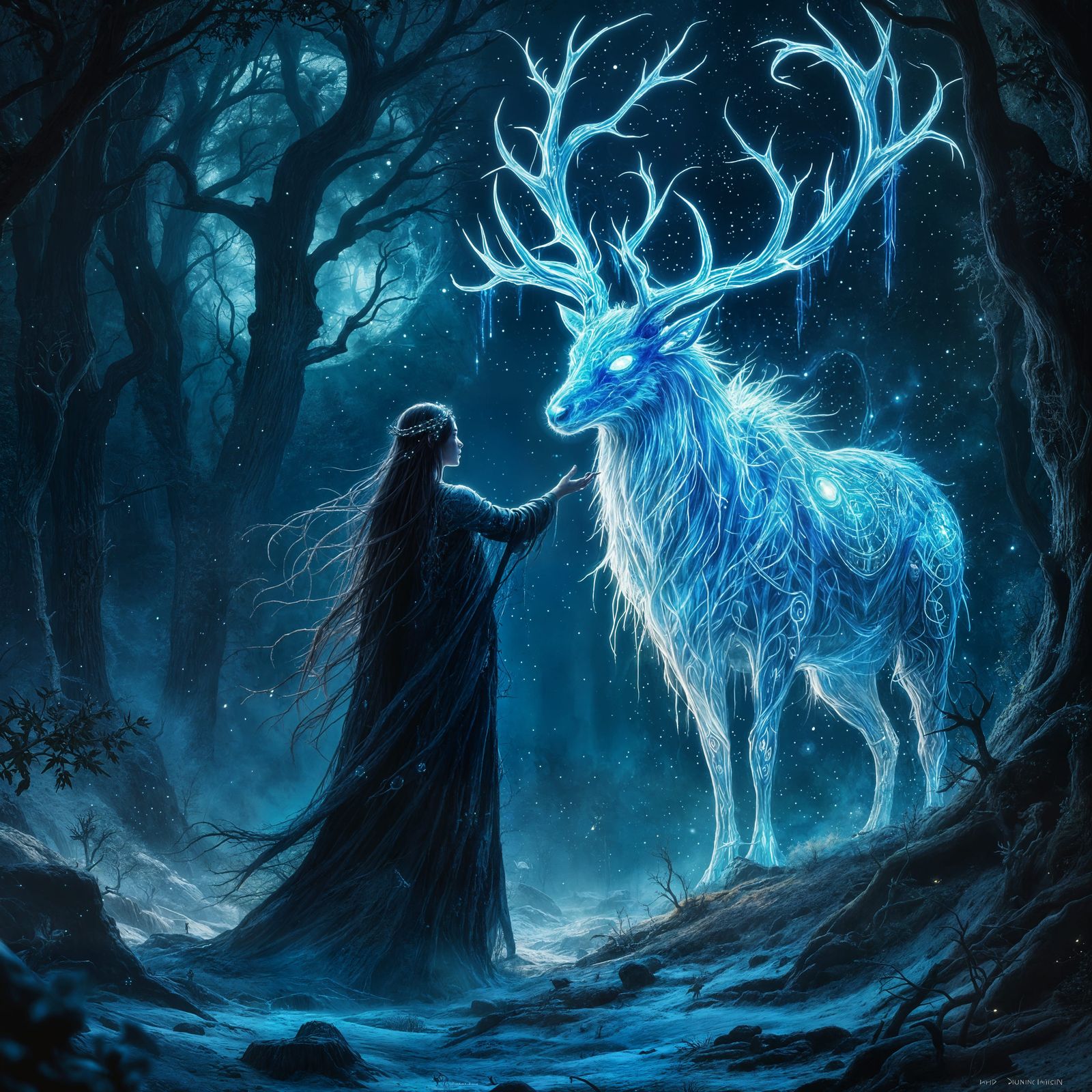 Celtic Druidess Summons Spectral Stag in Ethereal Forest