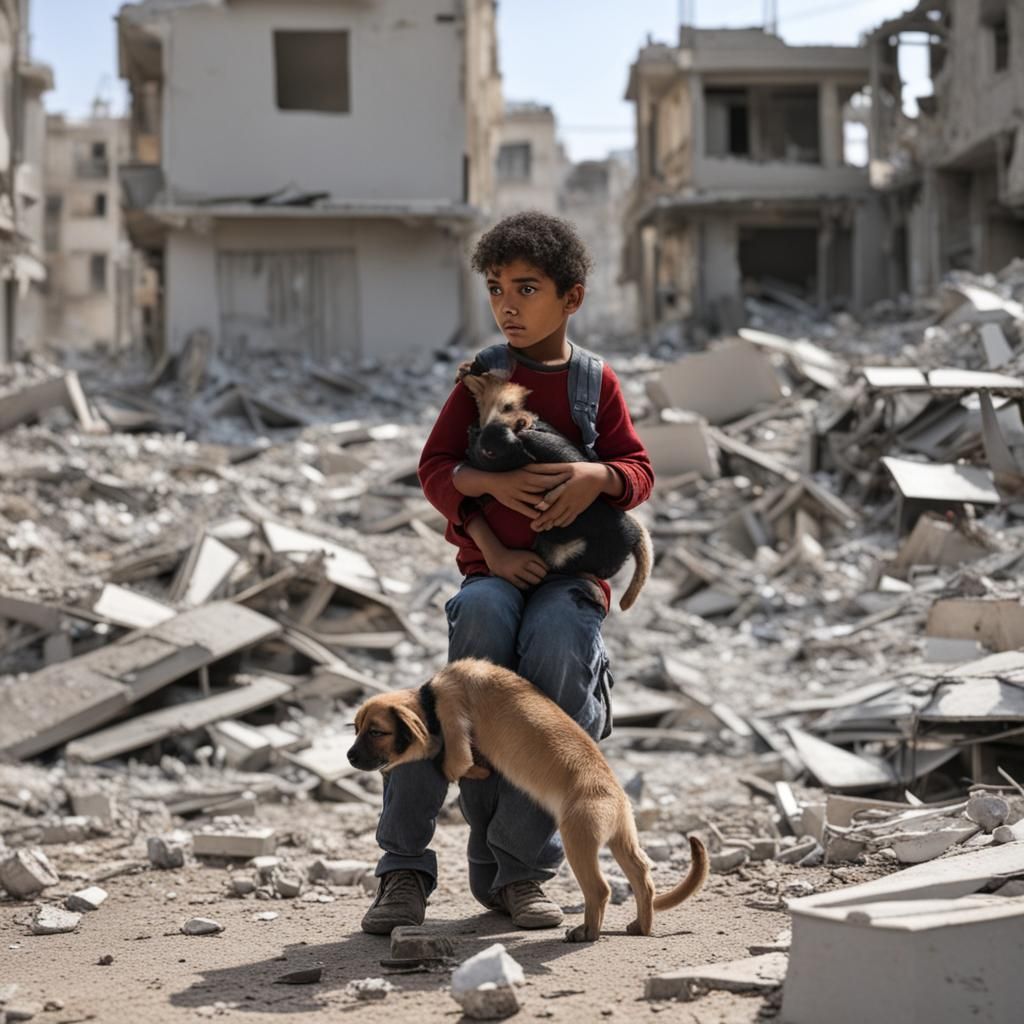 Lebanese Child with Puppy in Apocalyptic City