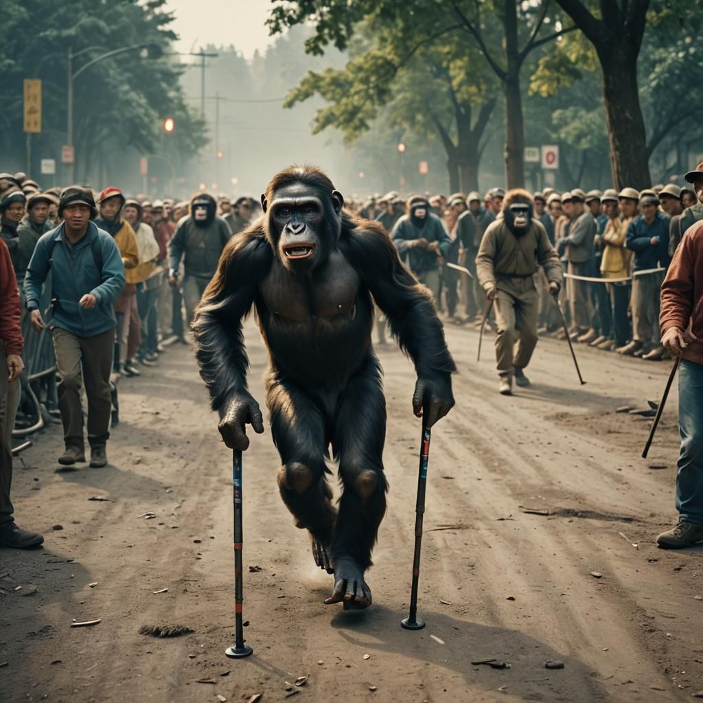 Ape on Crutches Wins Race: Cinematic Film Still
