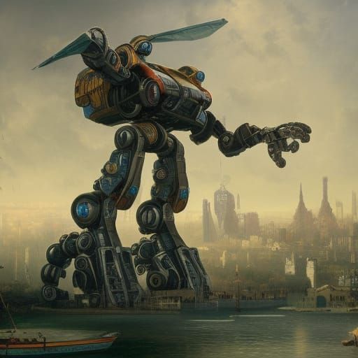 Victorian City Skyline Dominated by Gigantic Mech Robot