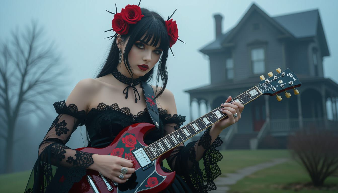 Gothic Musician Unleashes Storm with Roses and Guitar
