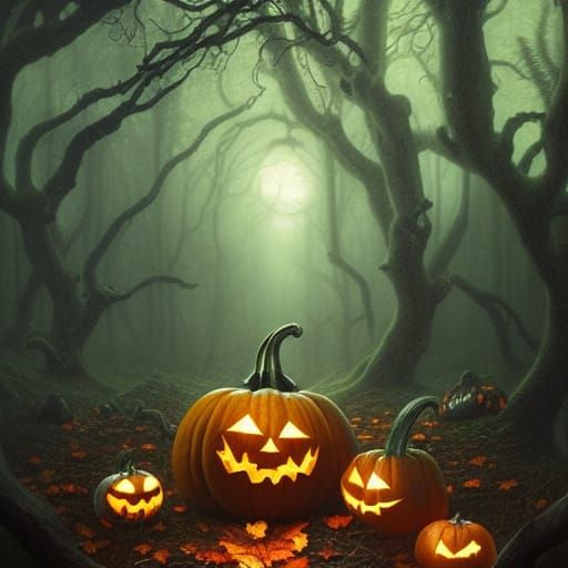 Dark Halloween Pumpkin in Autumn Rainforest