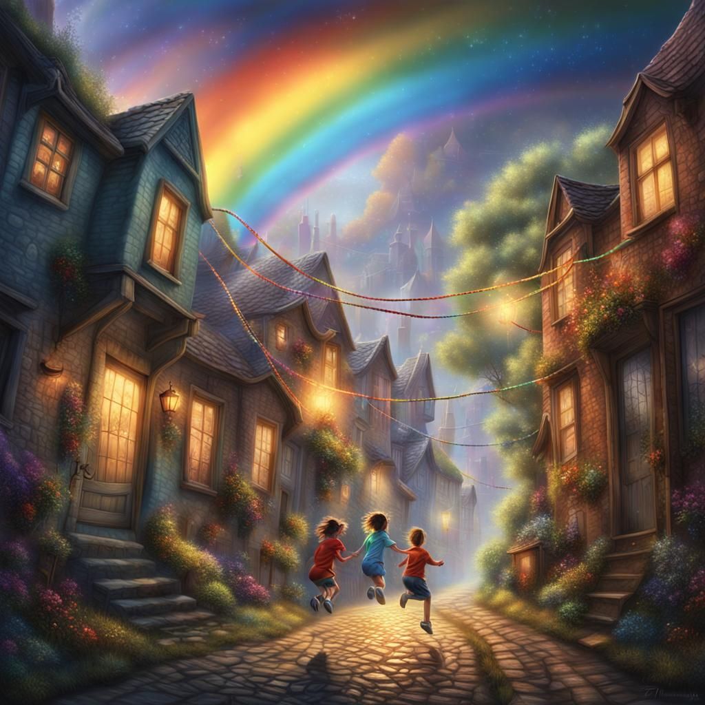 Old town, kids jumping seeing a rainbow