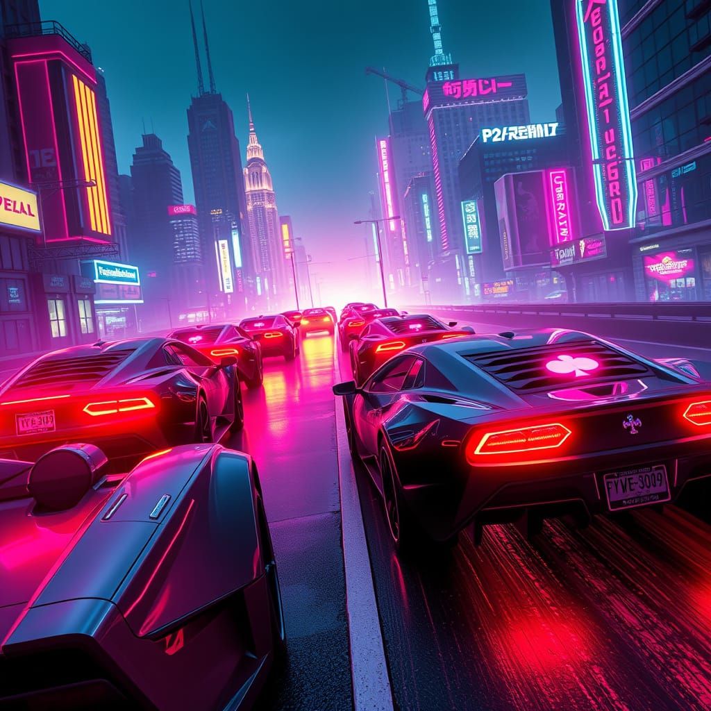 Cyberpunk Cityscape with Neon Cars and Playing Card Symbols