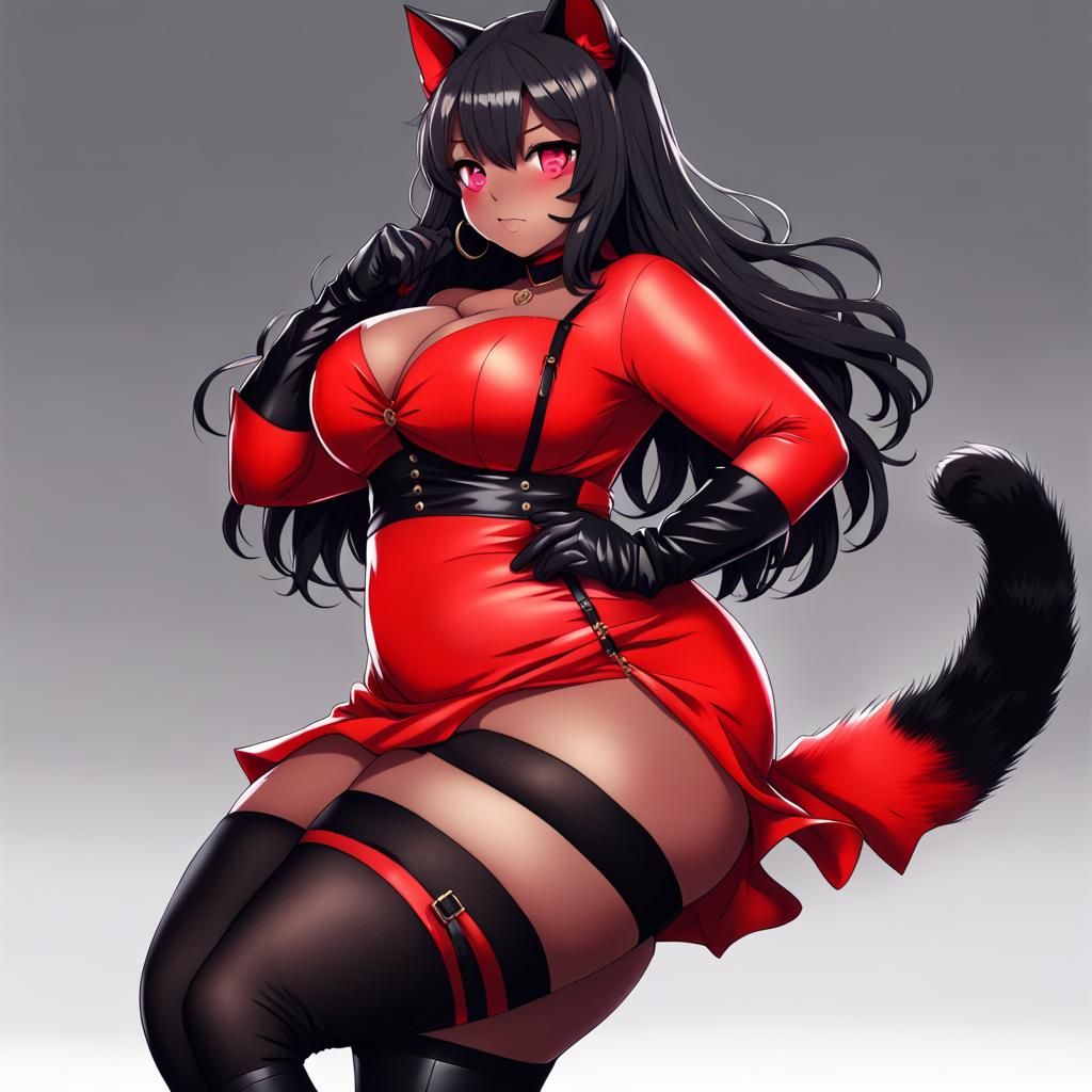 Anime Cat Girl in Red and Black Dress