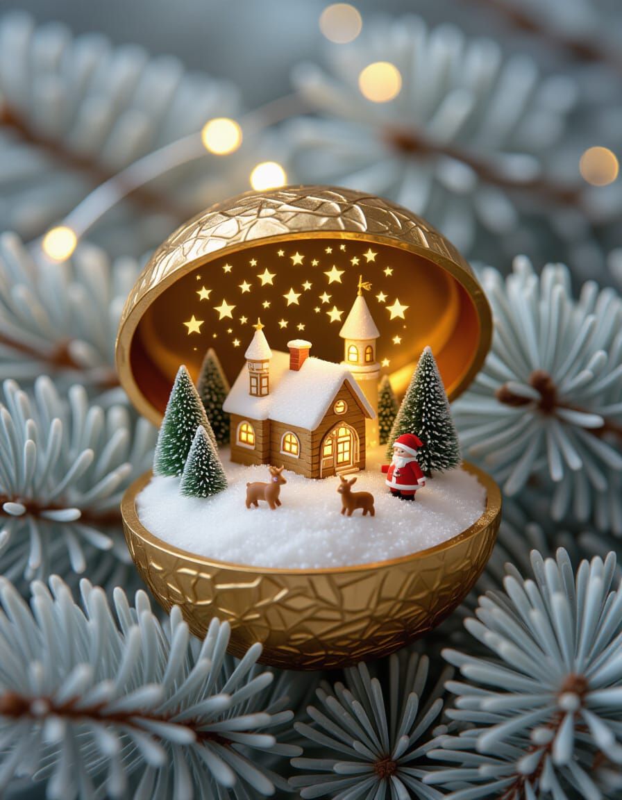 Tiny Christmas World Inside a Golden Nutshell