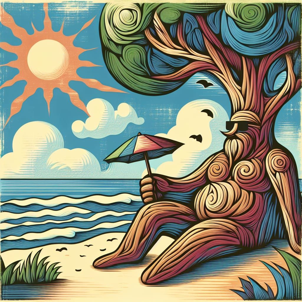 Wooden Groot on Vacation in Post-Impressionist Style