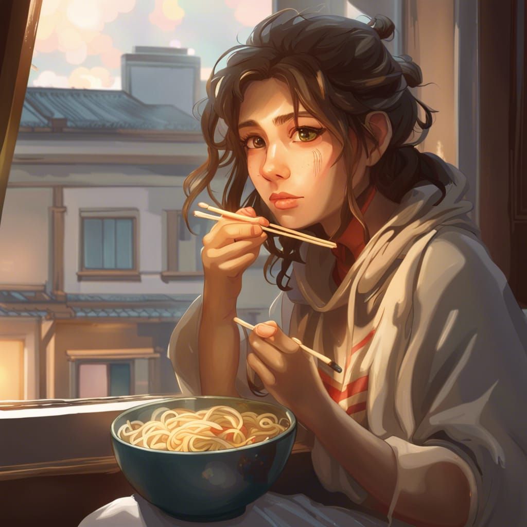 Girl Eating Noodles in Yokohama: Art Nouveau Portrait