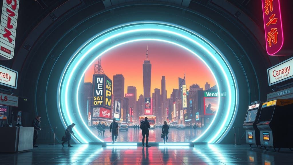 Time Portal to the 1990s in Futuristic City
