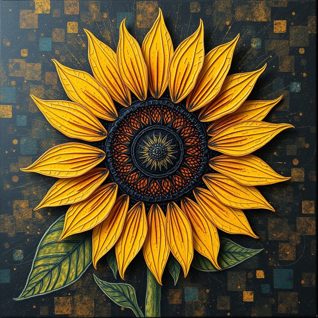 Textured Scratchboard Sunflower with Encaustic Wax